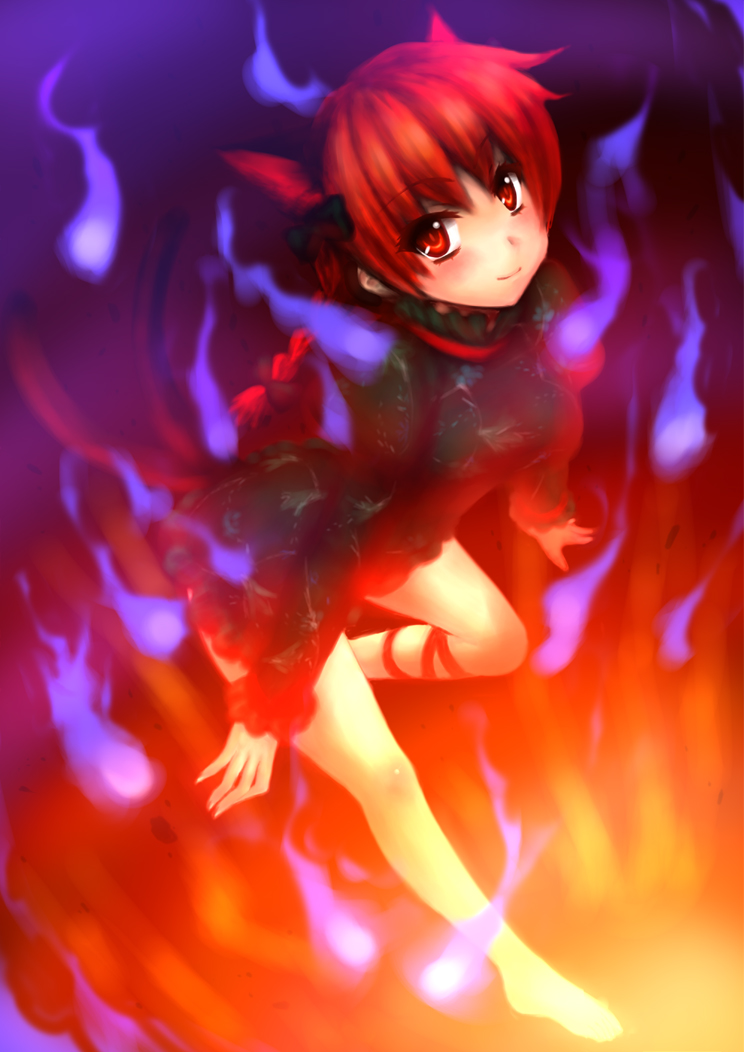 saki chisuzu, kaenbyou rin, touhou, 1girl, animal ears, barefoot, braid, cat ears, cat girl, cat tail, female focus, fire, full body, multiple tails, red eyes, red hair, solo, tail, twin braids