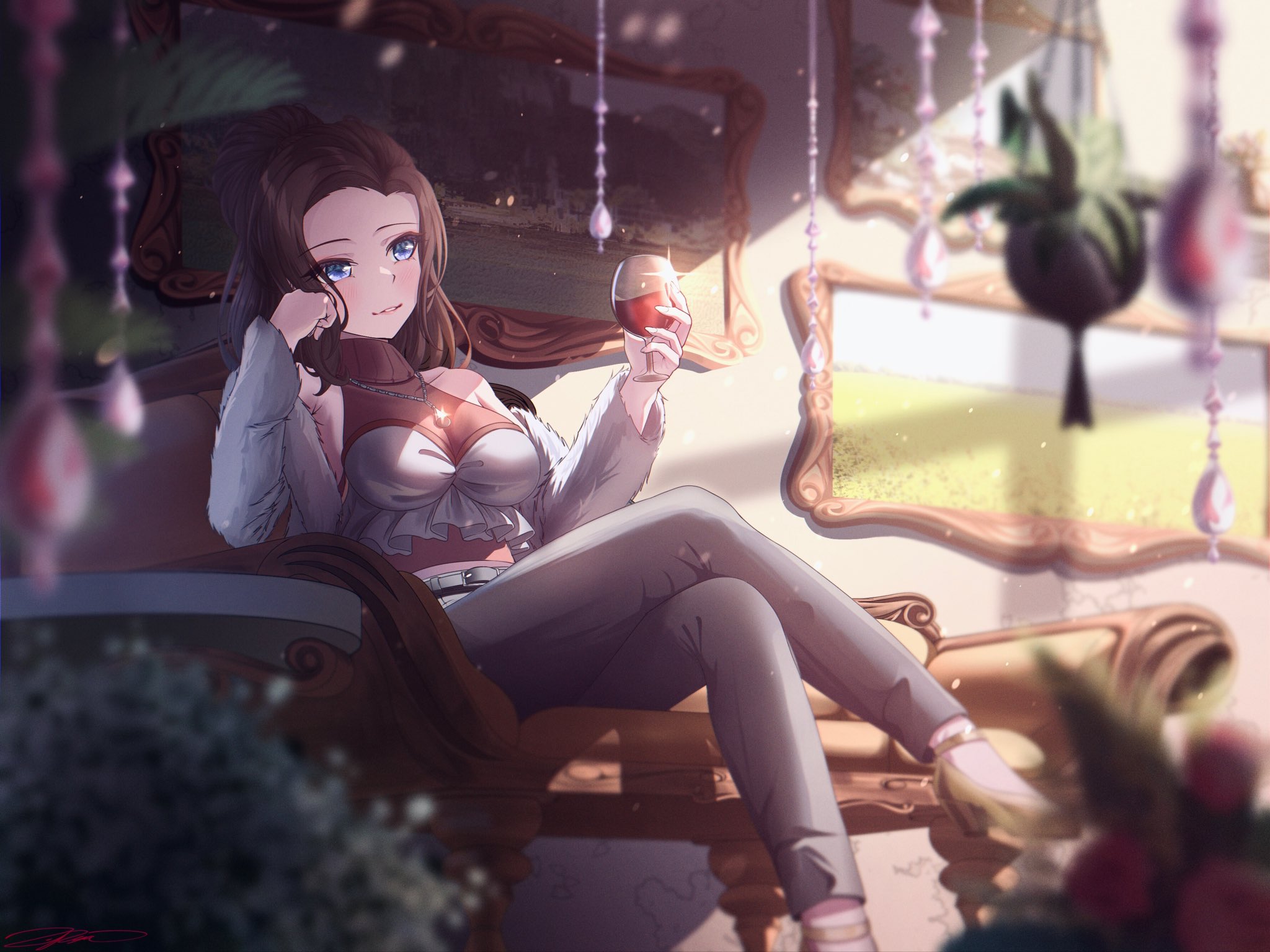 zuka ryu, wakana rei, bang dream!, hashtag-only commentary, highres, 1boy, alcohol, bare shoulders, belt, black hair, black pants, blue eyes, breasts, bush, couch, cup, denim, detached sleeves, flower, holding, holding cup, jeans, large breasts, long sleeves, on couch, painting (object), pants, rose, sitting, solo, white belt, wine