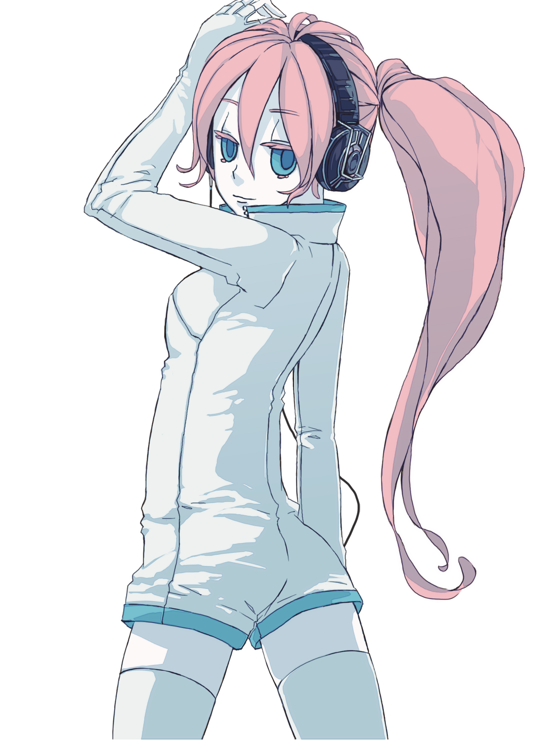 72 (nananatsu), megurine luka, vocaloid, bad id, bad pixiv id, highres, 1girl, aqua eyes, female focus, headphones, long hair, looking back, pink hair, ponytail, simple background, smile, solo, very long hair