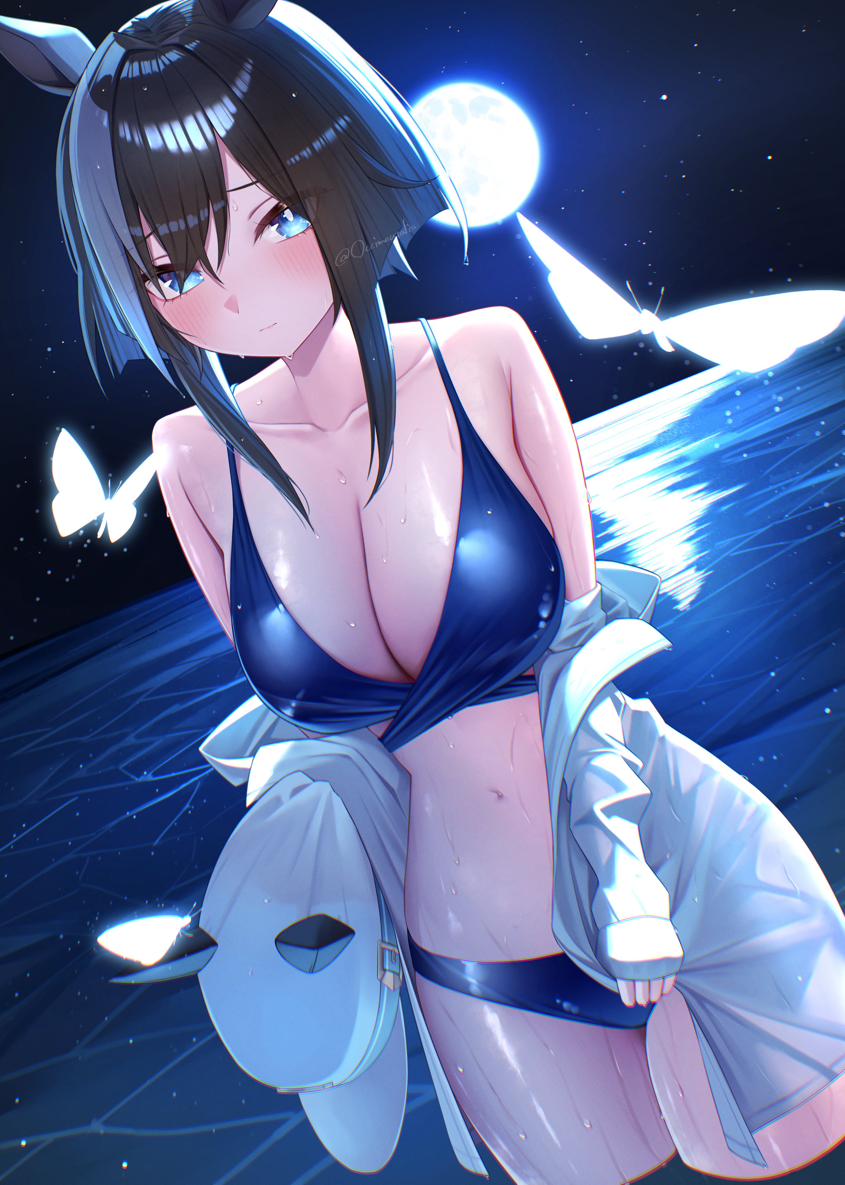 menchi rishio, cheval grand (umamusume), umamusume, absurdres, commentary request, highres, 1girl, alternate costume, animal ears, bikini, blue bikini, blue eyes, blush, breasts, brown hair, bug, butterfly, cleavage, closed mouth, collarbone, dutch angle, hair between eyes, hair intakes, hat, horse ears, horse girl, horse tail, insect, large breasts, light particles, looking at viewer, multicolored hair, navel, night, ocean, off shoulder, outdoors, peaked cap, shirt, short hair, short hair with long locks, sidelocks, solo, streaked hair, swimsuit, tail, thighs, wading, wet, white butterfly, white hair, white hat, white shirt, white streaks