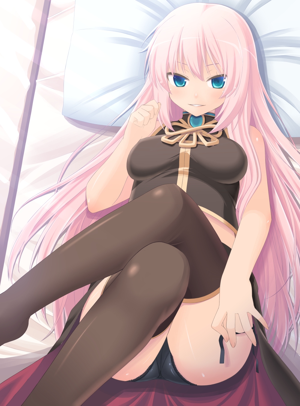 amamiya minato, megurine luka, vocaloid, bad id, bad pixiv id, highres, 1girl, black panties, blue eyes, crossed legs, female focus, long hair, lying, on back, panties, pantyshot, pink hair, seductive smile, shirt, side-tie panties, sitting, smile, solo, taut clothes, taut shirt, thighhighs, underwear, very long hair