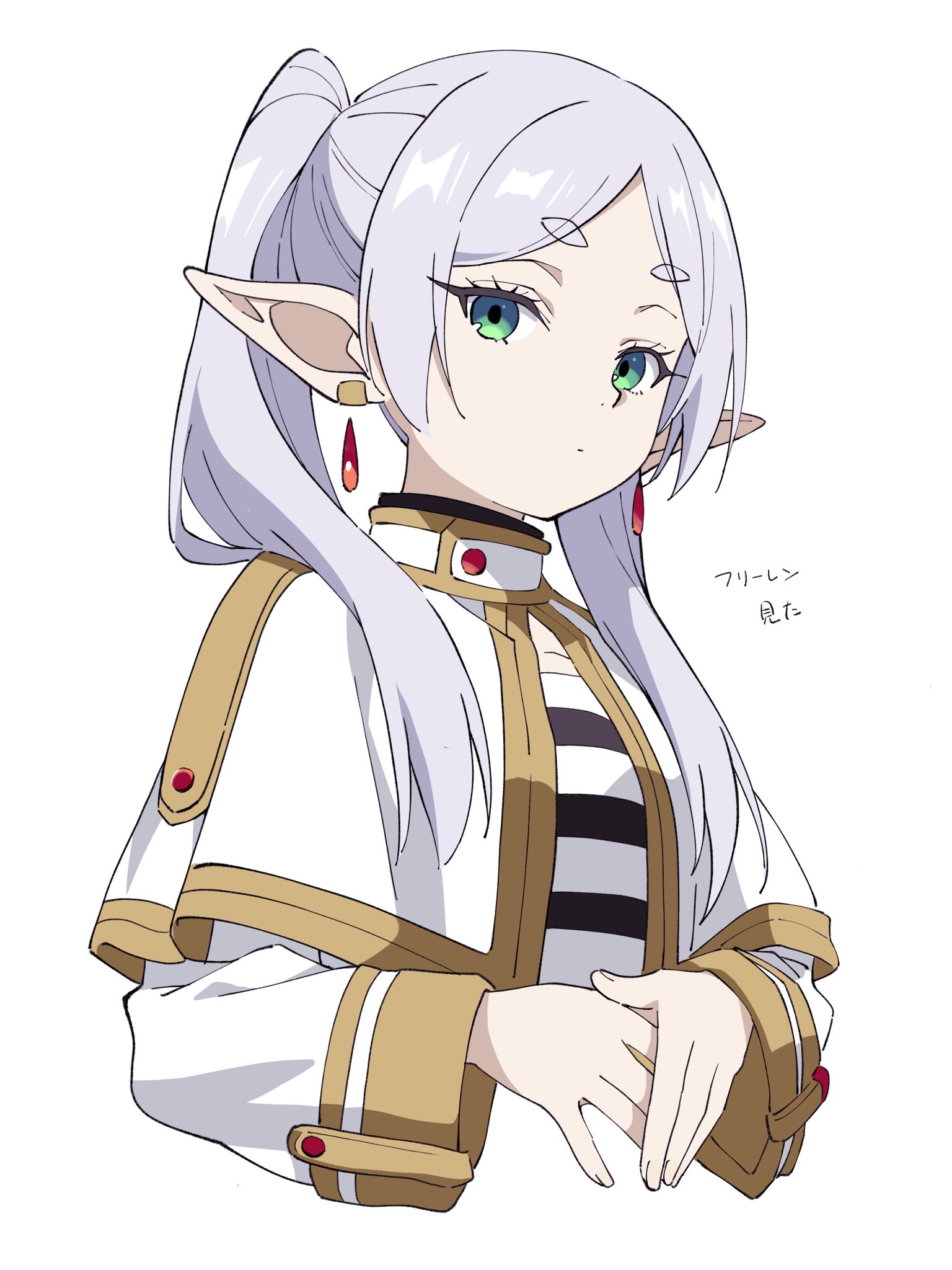 niyane, frieren, sousou no frieren, highres, translated, 1girl, capelet, closed mouth, cropped torso, earrings, elf, green eyes, grey hair, jewelry, long hair, long sleeves, looking at viewer, parted bangs, pointy ears, shirt, simple background, solo, striped clothes, striped shirt, teardrop earrings, thick eyebrows, twintails, white background, white capelet, white shirt