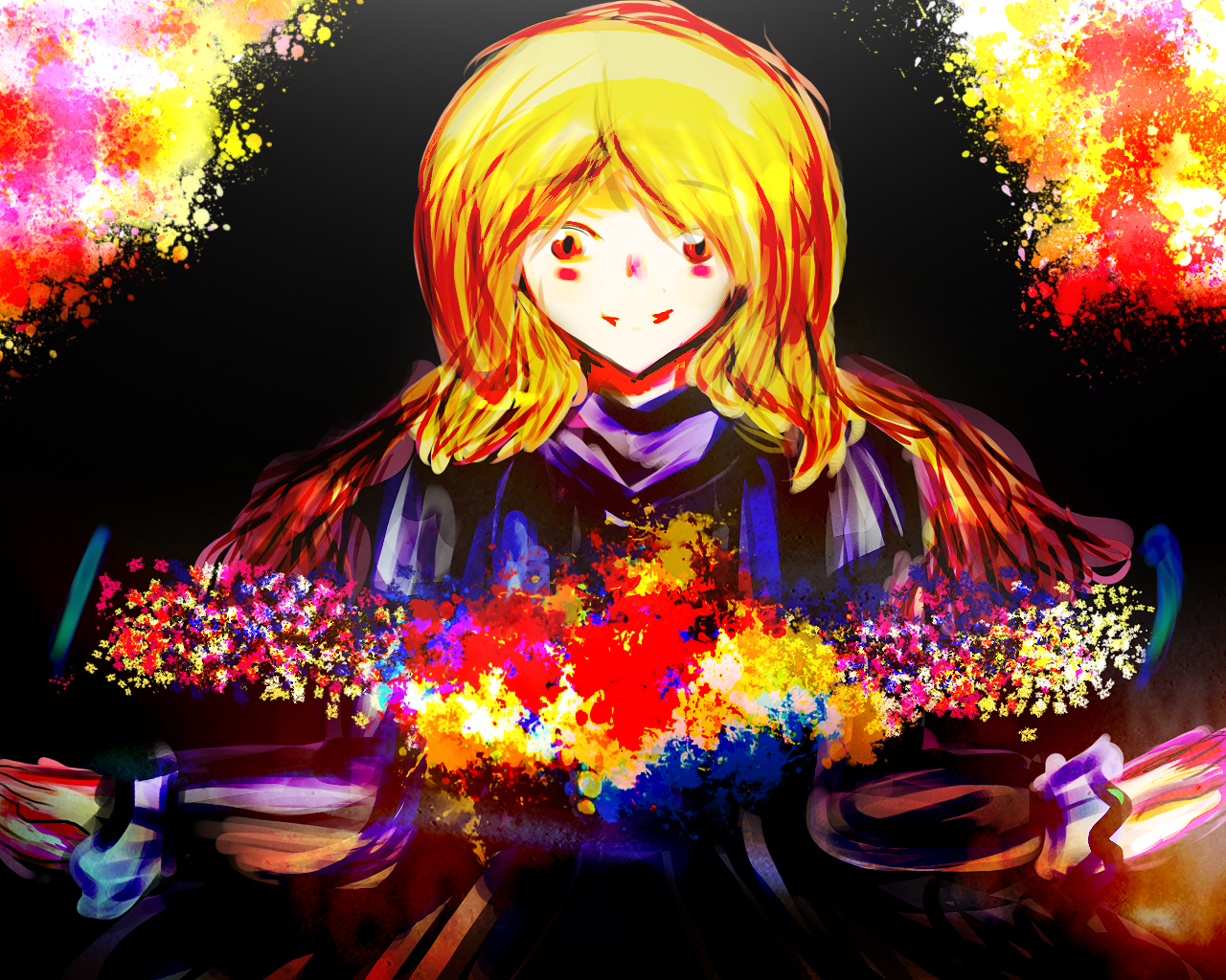 juriesute, hijiri byakuren, touhou, 1girl, black background, blush, colorful, female focus, grin, multicolored hair, smile, solo, standing