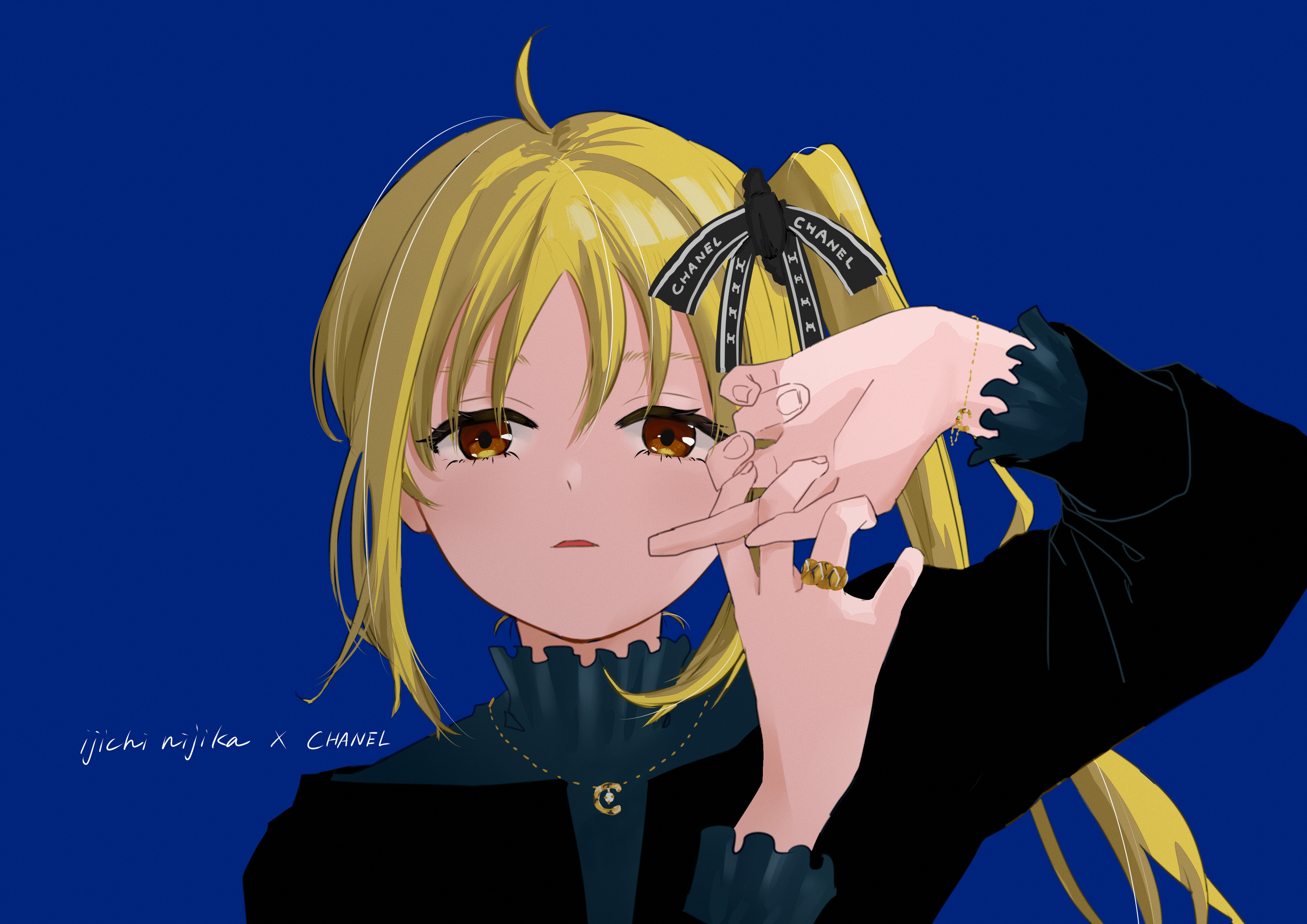 saltyacurry, ijichi nijika, bocchi the rock!, chanel, absurdres, commentary request, highres, 1girl, black shirt, blonde hair, blue background, bracelet, expressionless, hands up, jewelry, long sleeves, necklace, parted lips, shirt, side ponytail, simple background, solo, white background, yellow eyes