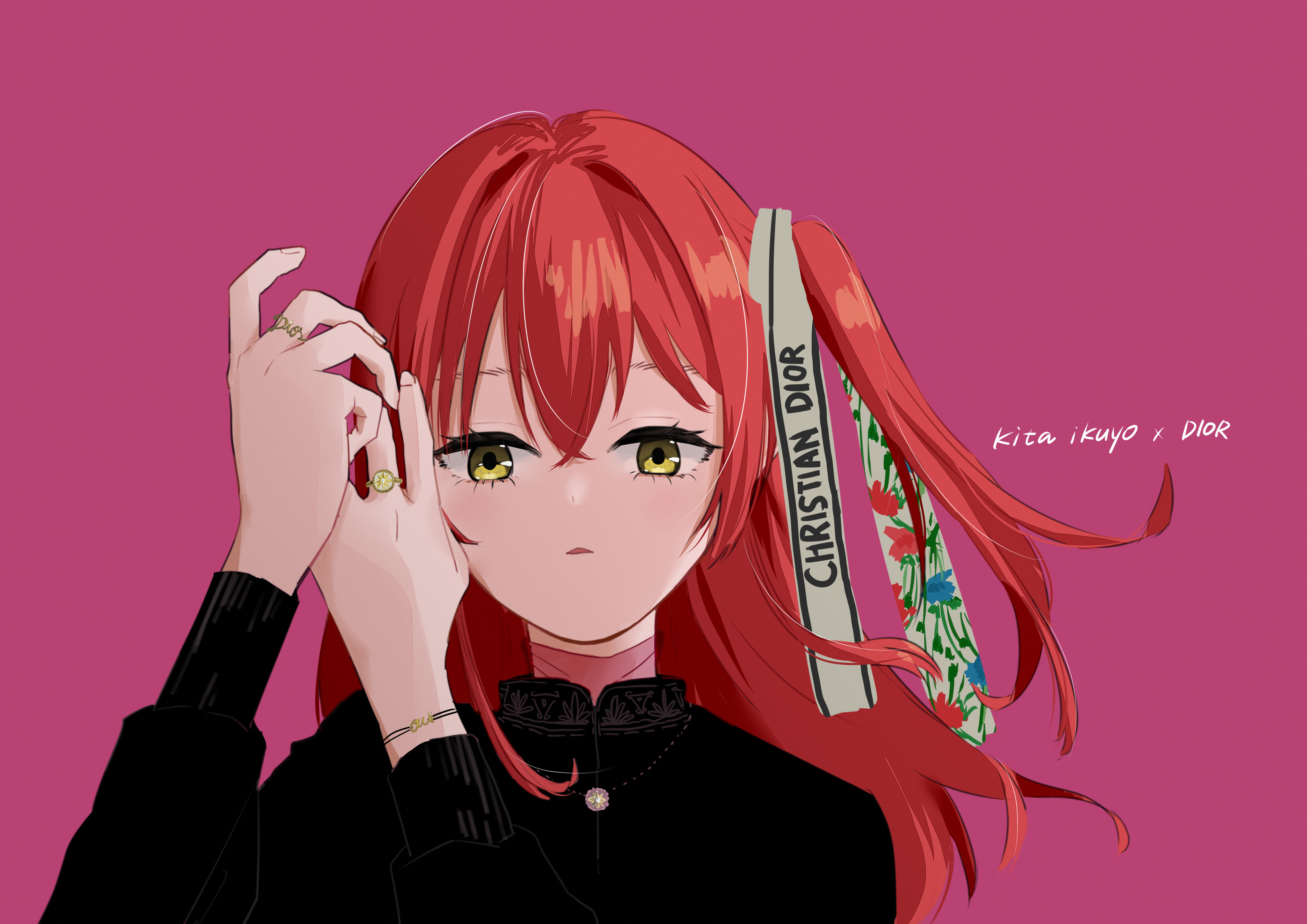 saltyacurry, kita ikuyo, bocchi the rock!, absurdres, commentary request, highres, 1girl, arms up, black shirt, dior, expressionless, green eyes, hair between eyes, hair ribbon, jewelry, long hair, looking at viewer, multiple rings, neck, necklace, one side up, parted lips, pink background, red hair, ribbon, ring, shirt, simple background, solo, white ribbon
