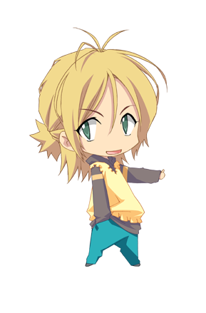 carnelian, takeuchi momotarou, para-sol, lowres, 1boy, aqua pants, black shirt, blonde hair, blouse, chibi, full body, green eyes, half updo, hand in pocket, male focus, pants, shirt, solo, transparent background