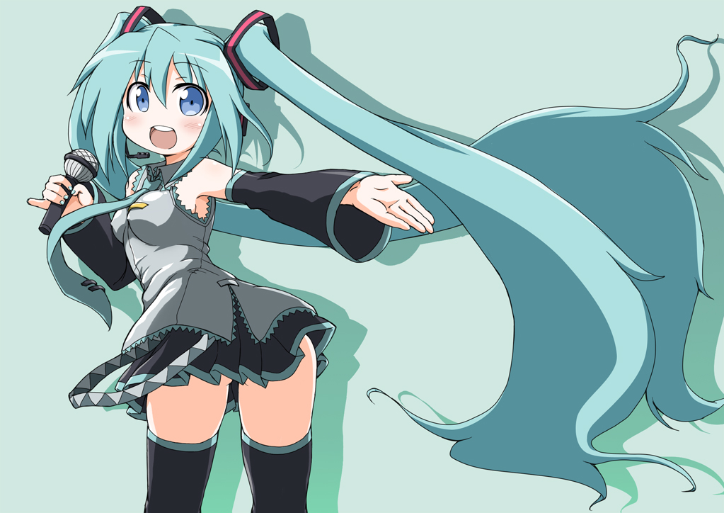 naitou kouse, hatsune miku, vocaloid, 1girl, aqua hair, armpits, ass, blue eyes, breasts, female focus, headphones, headset, long hair, looking back, microphone, simple background, skirt, solo, thighhighs, very long hair, zettai ryouiki