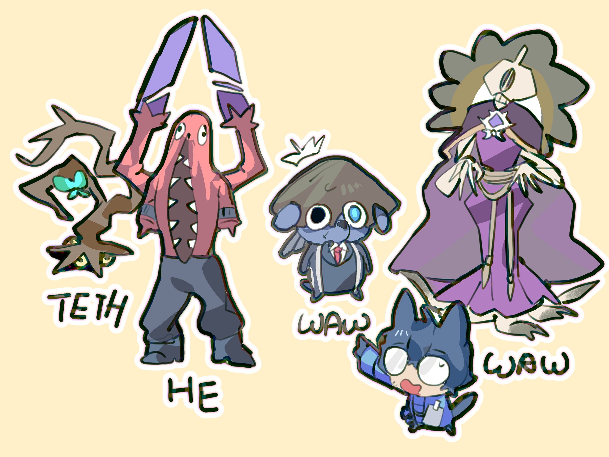 shoggoth (sirens20211), bamboo-hatted kim, faelantern (project moon), hohenheim (project moon), limbus company, project moon, hashtag-only commentary, highres, 2boys, 3others, aedd (e.g.o), animal ears, animalization, black coat, black eyes, black suit, blue eyes, blue hair, blue jacket, brown background, cat, cat ears, chibi, chibi only, coat, distortion (project moon), dog ears, e.g.o (project moon), ebony queen's apple, formal clothes, hat, heterochromia, id card, jacket, jingasa, multiple boys, multiple others, necktie, pointing, pointing at another, round eyewear, suit, suit jacket, wayward passenger, white trim