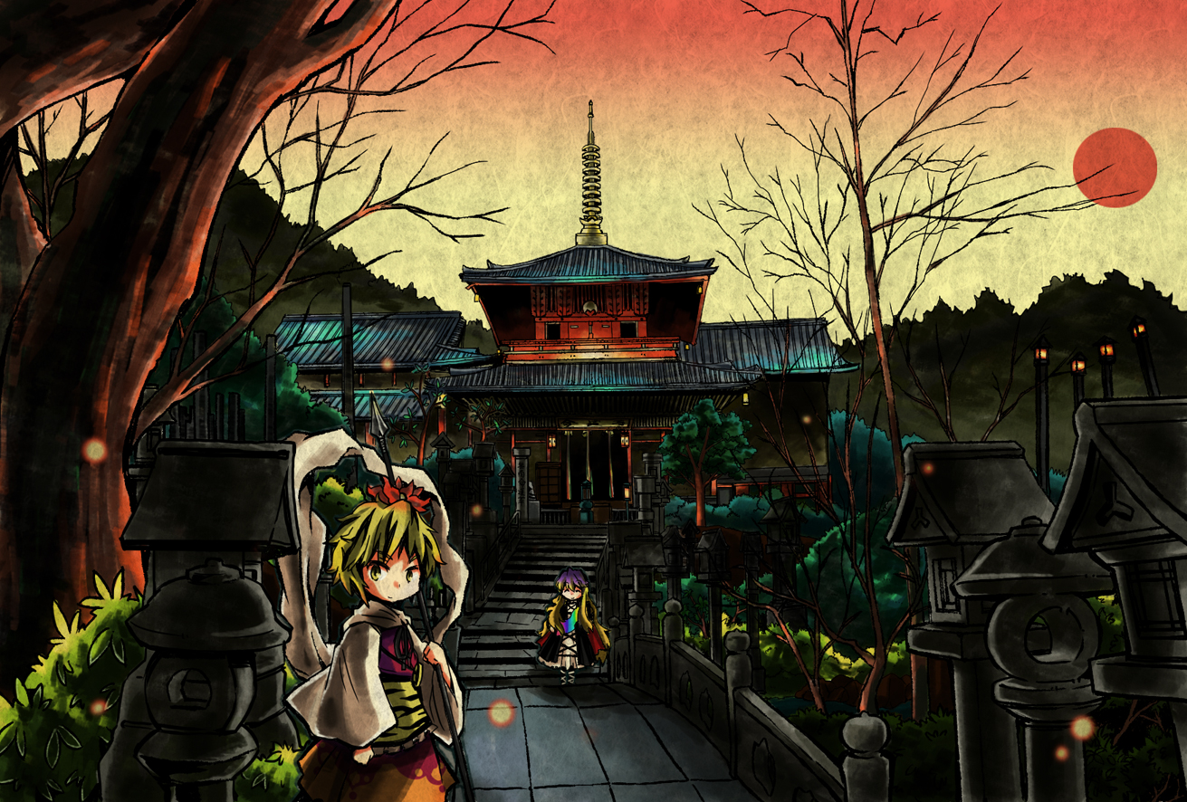 3speed, jiageya (atojian keikaku), hijiri byakuren, toramaru shou, touhou, 2girls, architecture, bare tree, bridge, east asian architecture, female focus, multiple girls, polearm, sorcerer's sutra scroll, spear, stone lantern, temple, tiger stripes, tree, weapon