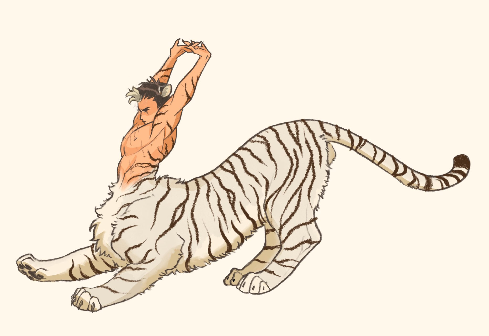 hyl83967217, jason todd, batman (series), dc comics, commentary, english commentary, highres, 1boy, animal ears, arms up, brown hair, closed eyes, full body, grey hair, male focus, monster boy, monsterification, multicolored hair, scar, scar on chest, short hair, simple background, solo, streaked hair, stretching, tiger boy, tiger ears, toned, toned male, very short hair, yellow background