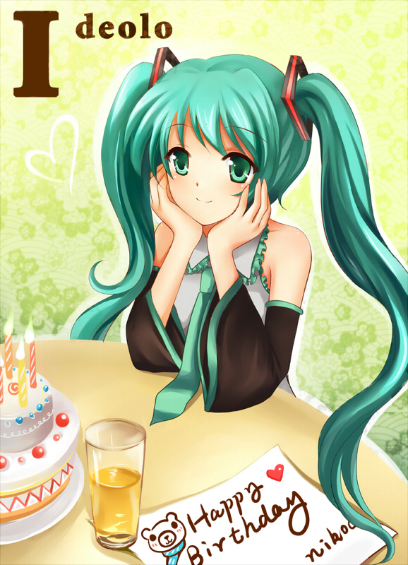 nikoo, hatsune miku, vocaloid, birthday cake, cake, detached sleeves, food, glasses, green eyes, green hair, happy birthday, long hair, pastry, solo, twintails