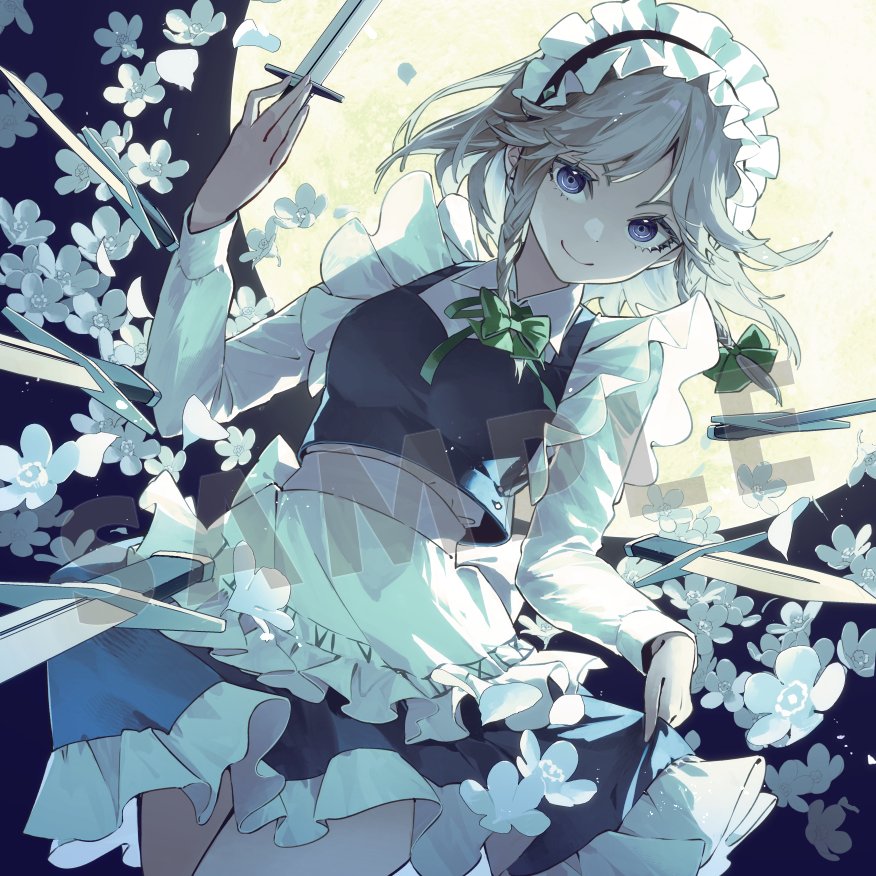 syuri22, izayoi sakuya, touhou, commentary request, flower request, 1girl, apron, bow, braid, closed mouth, collared shirt, cowboy shot, flower, friend characters, green bow, green ribbon, grey hair, hair bow, long hair, looking at viewer, maid, maid headdress, neck ribbon, ribbon, sample watermark, shirt, skirt hold, smile, solo, twin braids, waist apron, watermark, white apron, white flower, white shirt