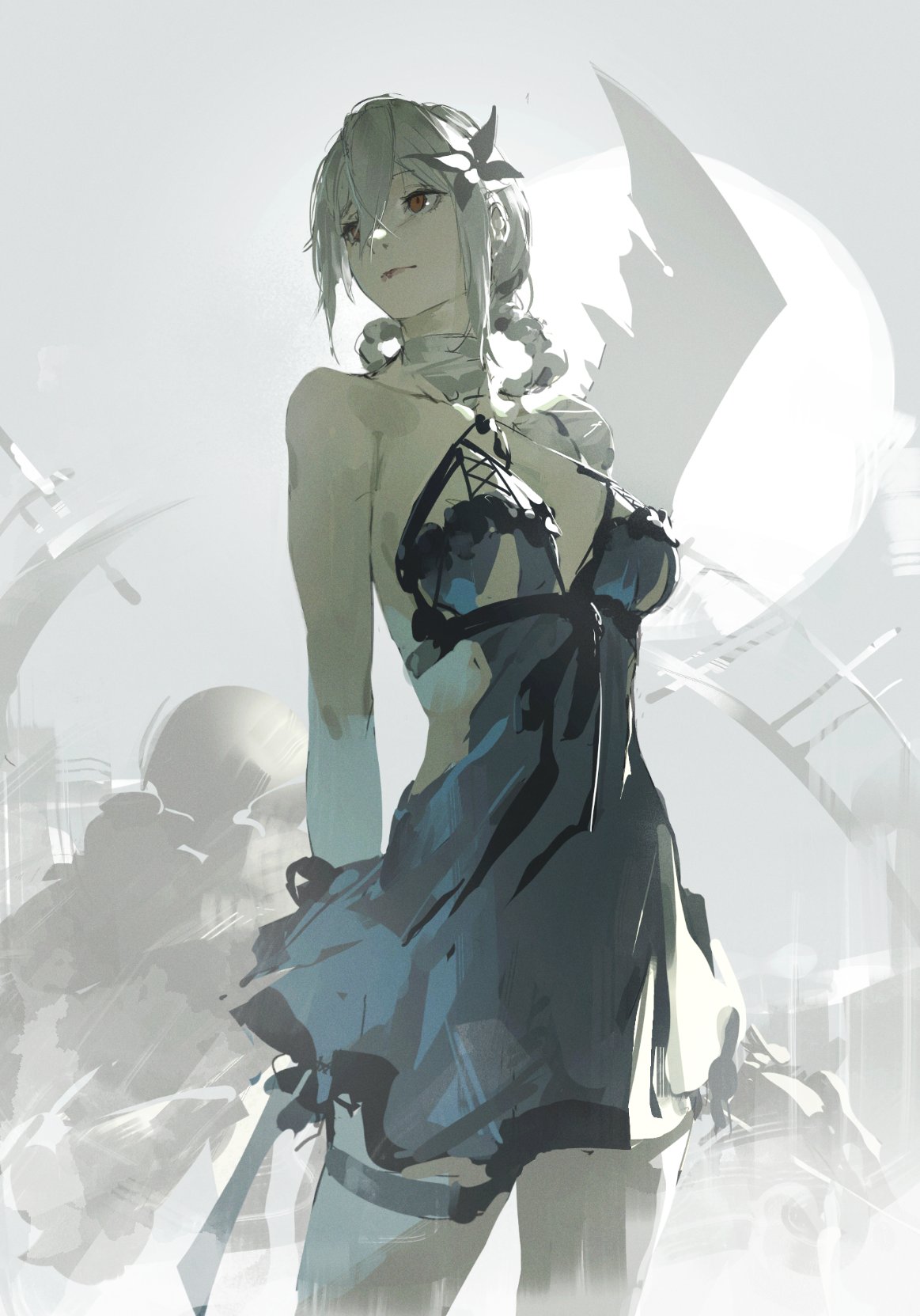 kuno (runkunochan), kaine (nier), nier, nier (series), commentary, highres, 1girl, backless outfit, bandaged arm, bandaged neck, bandages, blue negligee, braid, braided hair rings, breasts, brown eyes, cleavage, flower, hair rings, lingerie, lunar tear, negligee, single bare shoulder, underwear, white flower, white hair