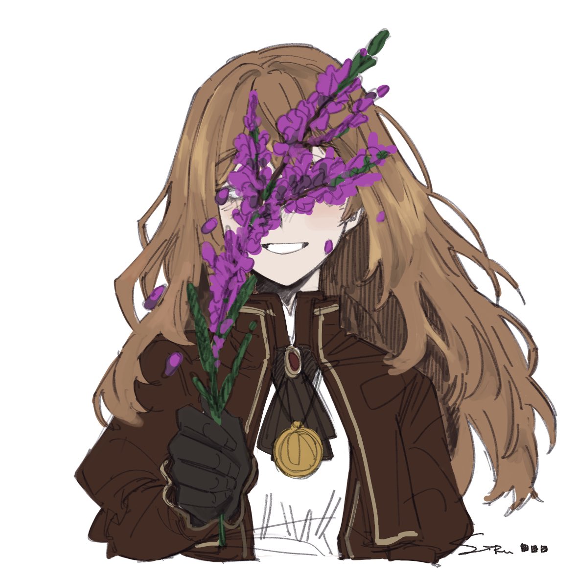 catherine (project moon), limbus company, project moon, commentary, korean commentary, ascot, black ascot, black gloves, blush, brown dress, brown hair, brown jacket, dress, facing viewer, fedoarss1ru, flower, gloves, gold trim, heather (flower), holding, holding flower, jacket, long hair, open mouth, purple flower, sidelocks, simple background, smile, white background, white dress