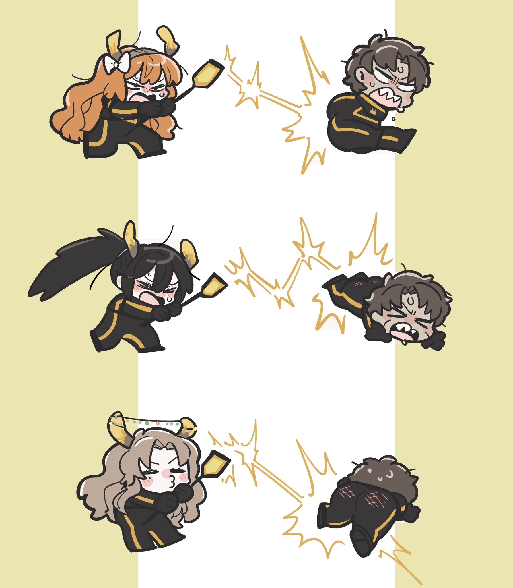 kojocho05, heathcliff (project moon), hong lu (project moon), ishmael (project moon), rodion (project moon), limbus company, project moon, commentary request, highres, > <, 2boys, 2girls, antlers, ass, black bodysuit, black gloves, black hair, bodysuit, bow, brown hair, chibi, christmas lights, gloves, hair bow, high ponytail, horns, long hair, multiple boys, multiple girls, open mouth, orange hair, ponytail, r corp. (identity) (project moon), reindeer antlers, sharp teeth, sweat, teeth, very long hair, white bow