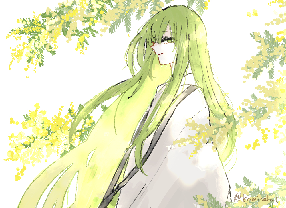 enkidu (fate), fate/strange fake, fate (series), commentary request, 1other, androgynous, bright pupils, closed mouth, flower, from side, green eyes, green hair, komisabut, long hair, looking at viewer, other focus, plant, profile, robe, solo, twitter username, upper body, very long hair, white robe, yellow flower