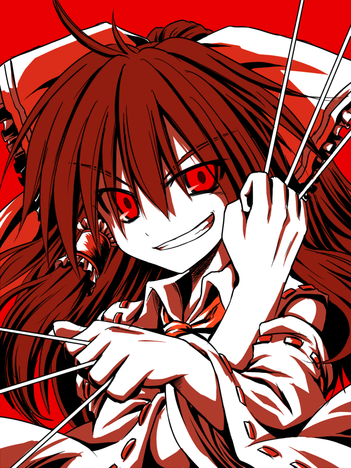 kokutou nikke, hakurei reimu, touhou, bad id, bad pixiv id, 1girl, female focus, grin, monochrome, red eyes, ribbon, simple background, smile, solo