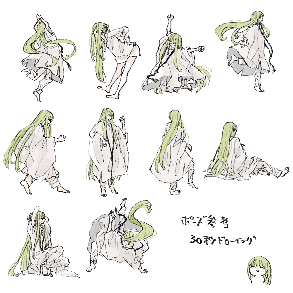 enkidu (fate), fate/strange fake, fate (series), commentary request, translation request, 1other, ^ ^, androgynous, barefoot, closed eyes, green hair, komisabut, long hair, multiple views, other focus, pants, robe, shorts, simple background, standing, standing on one leg, stretching, very long hair, white background, white pants, white robe, white shorts