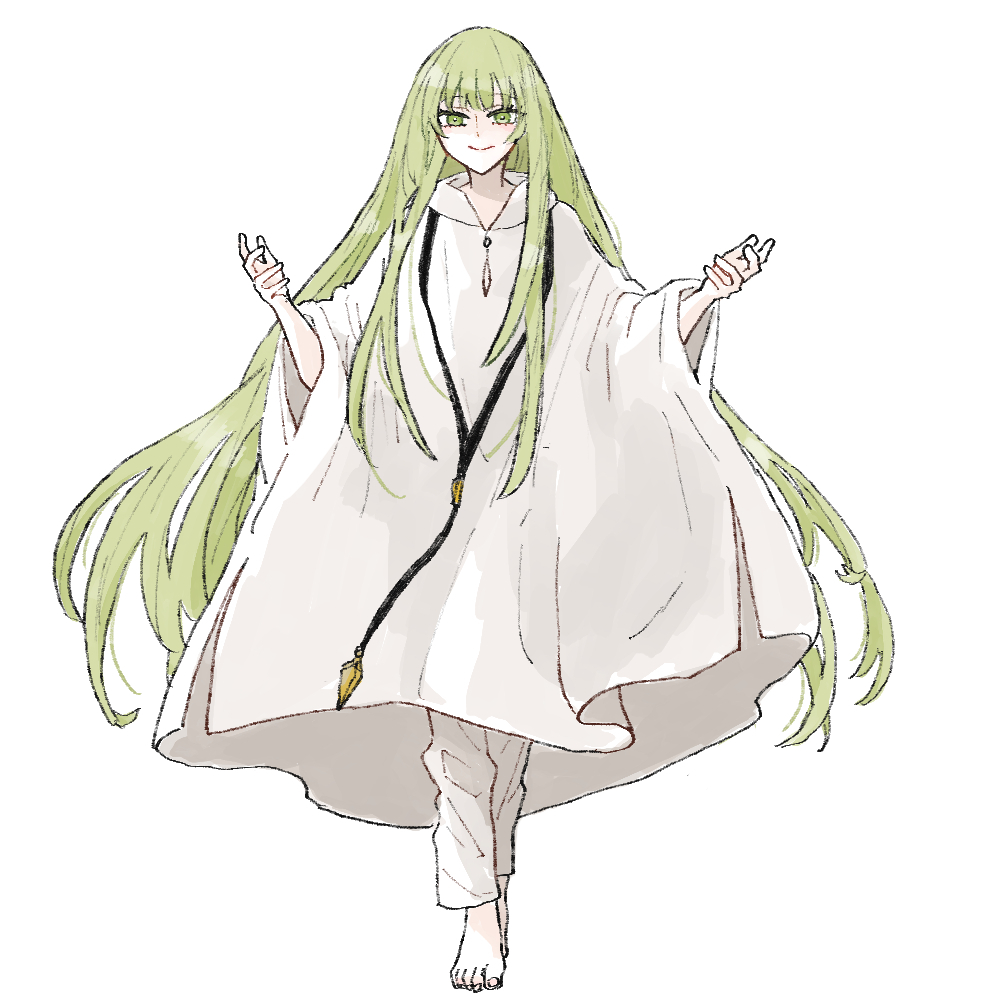 enkidu (fate), fate/strange fake, fate (series), commentary request, 1other, androgynous, barefoot, bright pupils, closed mouth, full body, green eyes, green hair, hands up, komisabut, light smile, long hair, looking at viewer, other focus, pants, robe, simple background, solo, straight-on, very long hair, white background, white pants, white robe