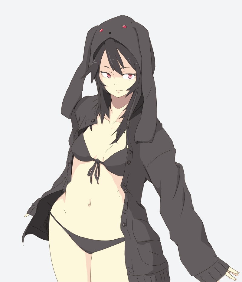 yammy (artist), yammy (cellblo), darth wooser, original, 1girl, bikini, black bikini, black hair, female focus, hood, long hair, navel, pink eyes, smile, solo, swimsuit