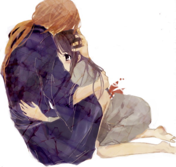 umk (artist), himura kenshin, kamiya kaoru, rurouni kenshin, 1boy, 1girl, alternate hairstyle, back, barefoot, black eyes, black hair, blush, couple, hetero, hug, japanese clothes, legs, long hair, orange hair, ponytail, simple background, sitting, umk