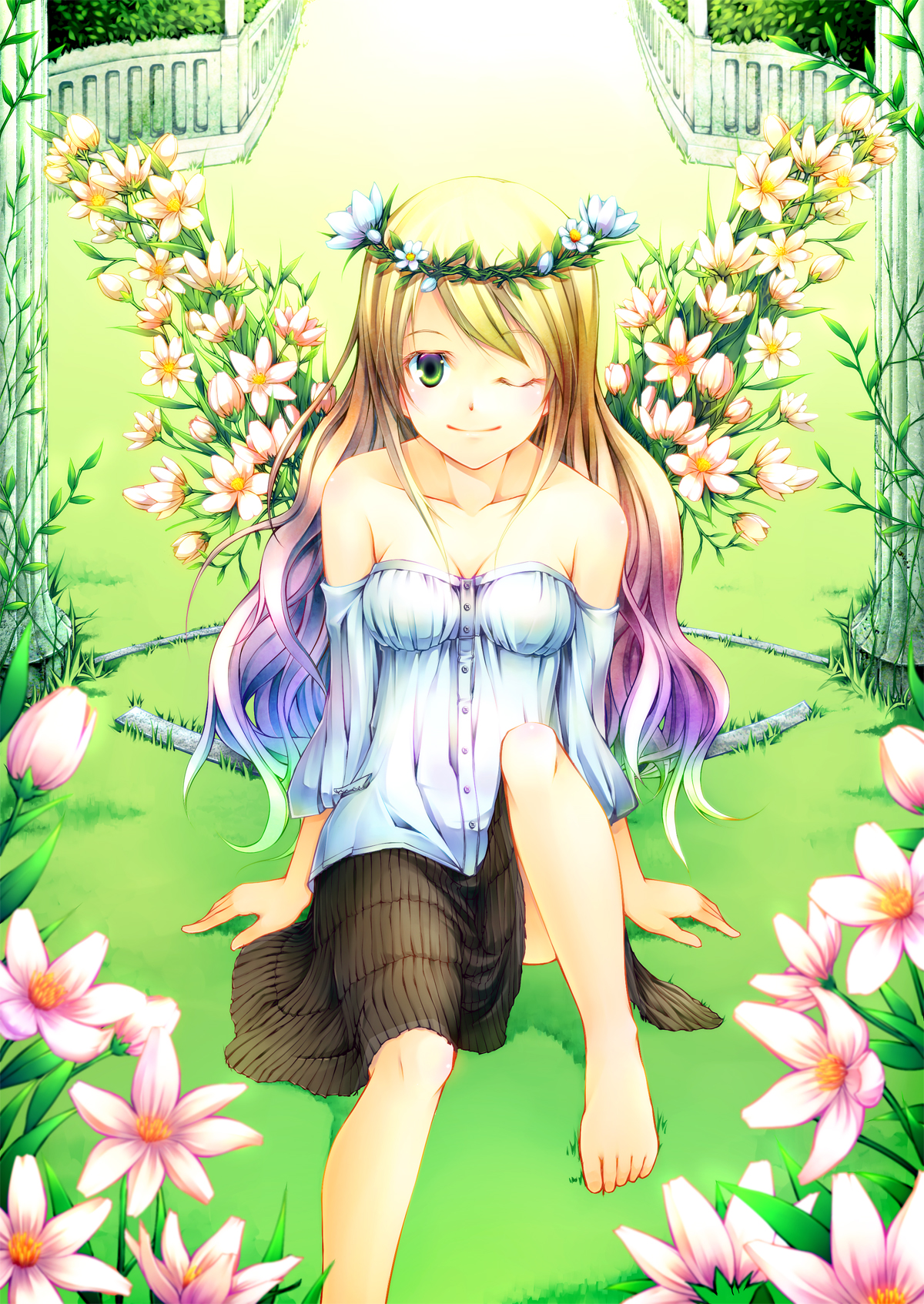 yoshino ryou, yuri-chan, original, highres, 1girl, bare shoulders, barefoot, blonde hair, female focus, flower, garden, gradient hair, green eyes, head wreath, long hair, multicolored eyes, multicolored hair, one eye closed, pillar, purple hair, shirt, sitting, skirt, smile, solo, wings, wink