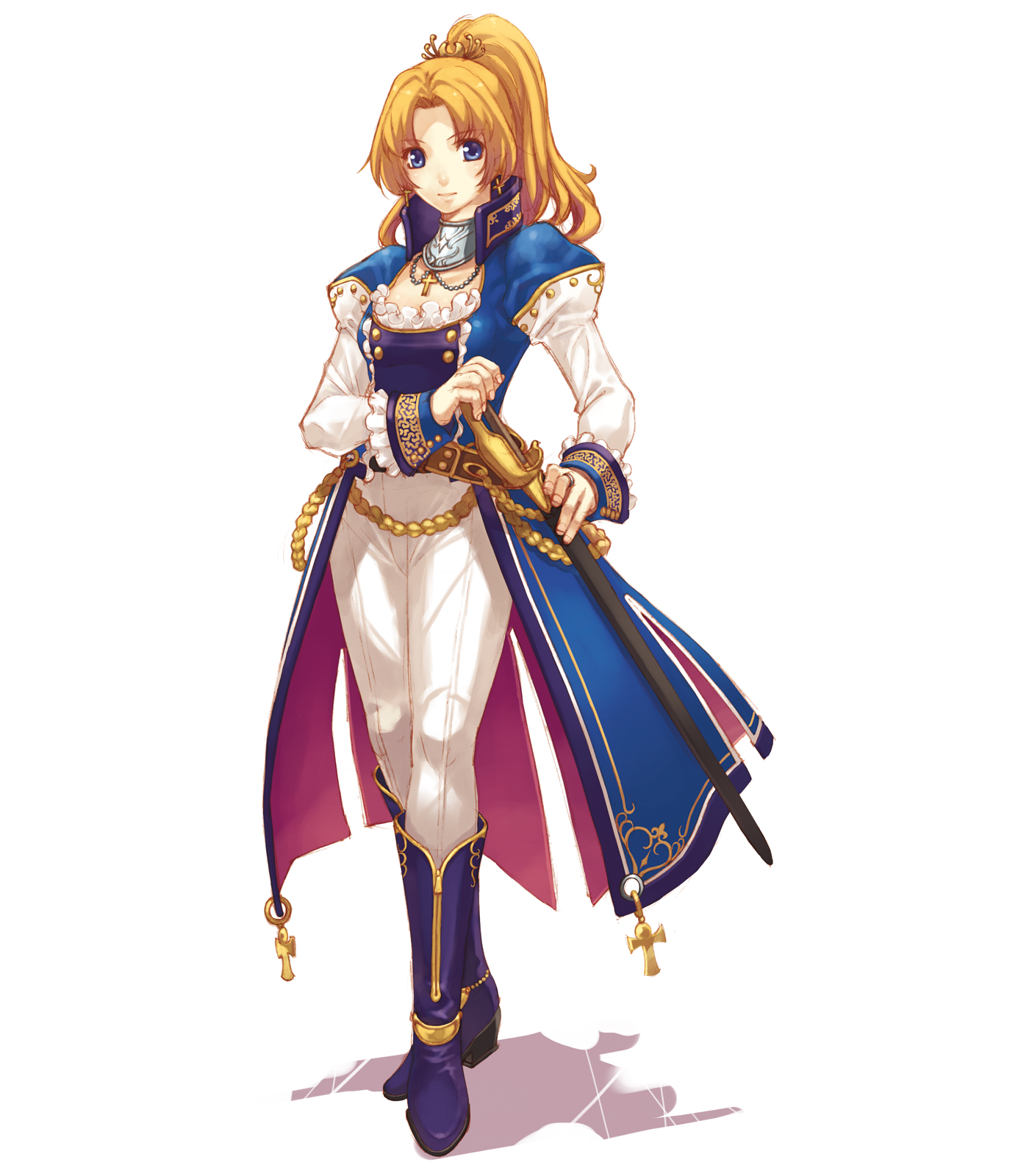 hirano katsuyuki, garnet (spectral souls), spectral (series), spectral souls, highres, 1girl, blonde hair, blue eyes, boots, cross, crown, full body, knee boots, ponytail, sword, weapon, white background