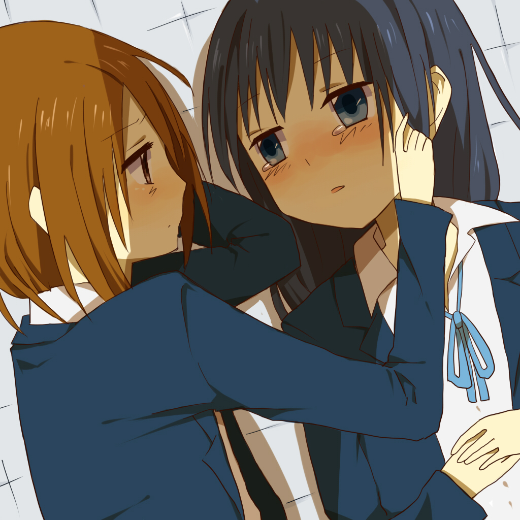 orange (artist), orange (bibiko), akiyama mio, tainaka ritsu, k-on!, bad id, bad pixiv id, 2girls, black hair, blue eyes, brown eyes, brown hair, hair down, long hair, lying, multiple girls, school uniform, short hair, tears, yuri
