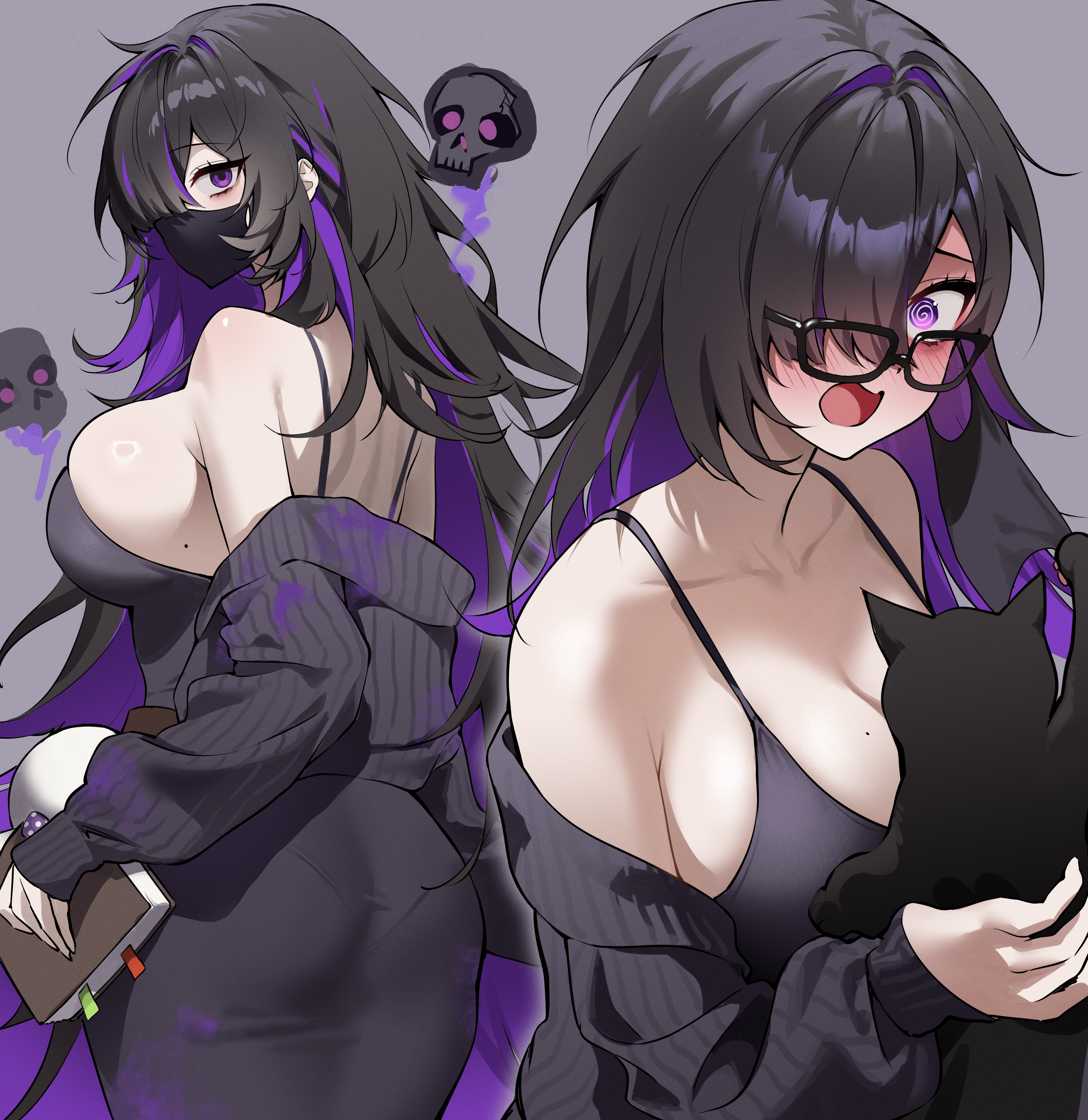 ayoni 623, label (nikke), goddess of victory: nikke, absurdres, commentary, english commentary, highres, 1girl, @ @, absurdly long hair, animal, ass, black dress, black hair, blush, book, breasts, cat, colored inner hair, dress, glasses, grey background, holding, holding animal, holding book, holding cat, large breasts, long hair, looking at viewer, mask, mole, mouth mask, multicolored hair, purple eyes, purple hair, simple background, skull, taut clothes, taut dress, two-tone hair, very long hair