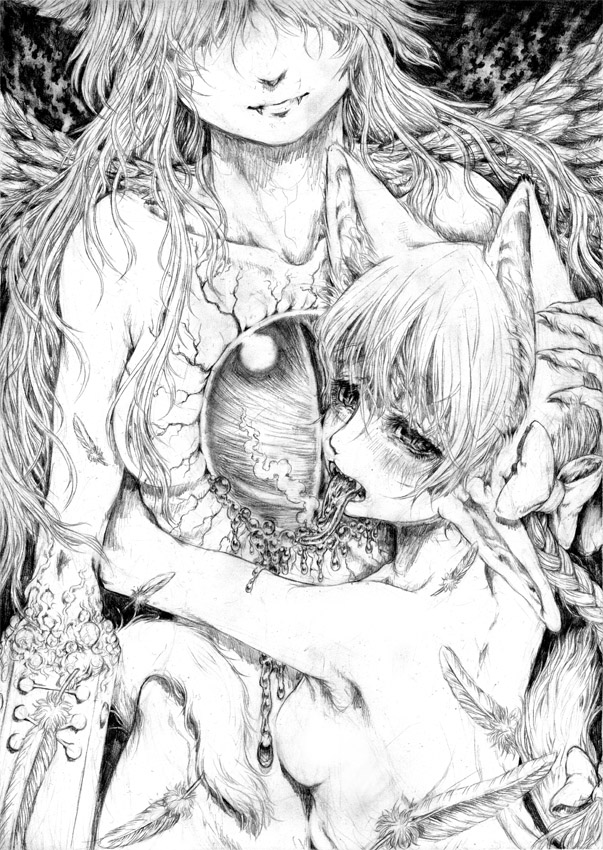 katzeh, kaenbyou rin, reiuji utsuho, touhou, 2girls, animal ears, bow, braid, cat ears, cat girl, cat tail, creepy, extra ears, fangs, female focus, greyscale, hair bow, horror (theme), long hair, monochrome, multiple girls, nude, pointy ears, tail, tongue, what, wings