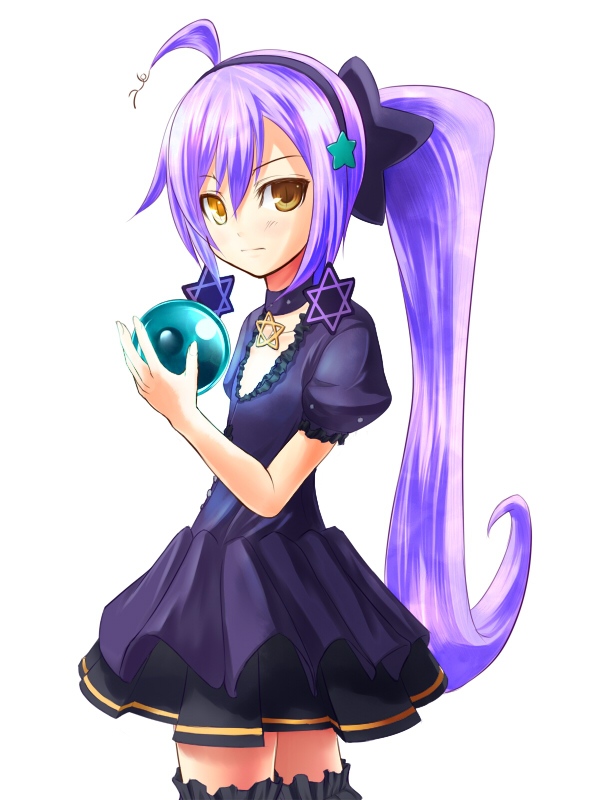 tsuukounin (pixiv 39749), stella (trickster), trickster (ntreev soft), 10s, ahoge, ball, dress, earrings, hairband, jewelry, long hair, necklace, orange eyes, ponytail, purple hair, ribbon, solo, star (symbol), thighhighs, zettai ryouiki