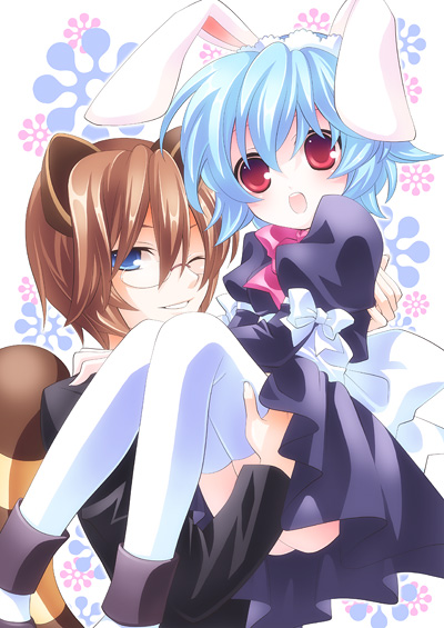 moru, bunny (trickster), bunny maid (trickster), raccoon (trickster), trickster (ntreev soft), bad id, bad pixiv id, 10s, 1boy, 1girl, :d, animal ears, blue hair, blush, brown hair, dress, flower, glasses, grin, hairband, hat, maid, maid headdress, one eye closed, open mouth, rabbit ears, raccoon ears, raccoon tail, red eyes, ribbon, short hair, smile, tail, thighhighs, white thighhighs, zettai ryouiki