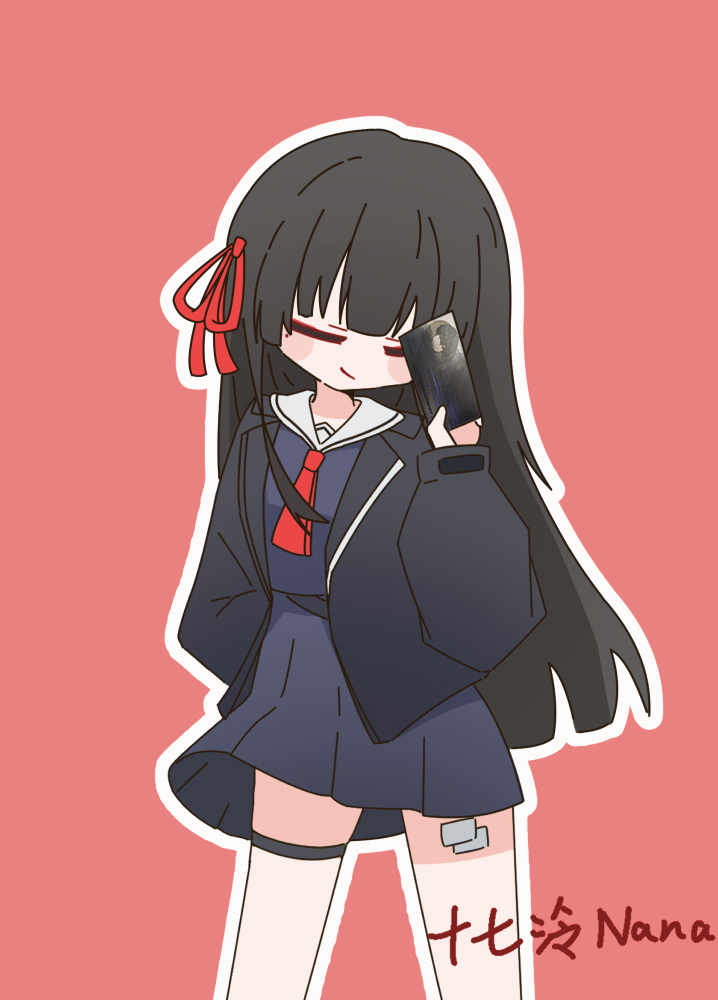 chisa (wuthering waves), wuthering waves, animated, animated gif, chinese commentary, commentary request, highres, 1girl, black dress, black jacket, blush, dancing, dress, hair ribbon, jacket, red background, ribbon, school uniform, shiqi ling nana, simple background, solo, tape