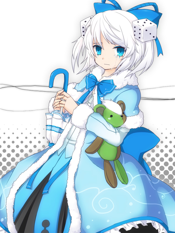 seriko (652261), kuusi (trickster), trickster (ntreev soft), bad id, bad pixiv id, 10s, 1girl, blue eyes, bow, closed umbrella, dice, dress, female focus, parasol, ribbon, sad, short hair, solo, stuffed animal, stuffed toy, tears, teddy bear, umbrella, white hair