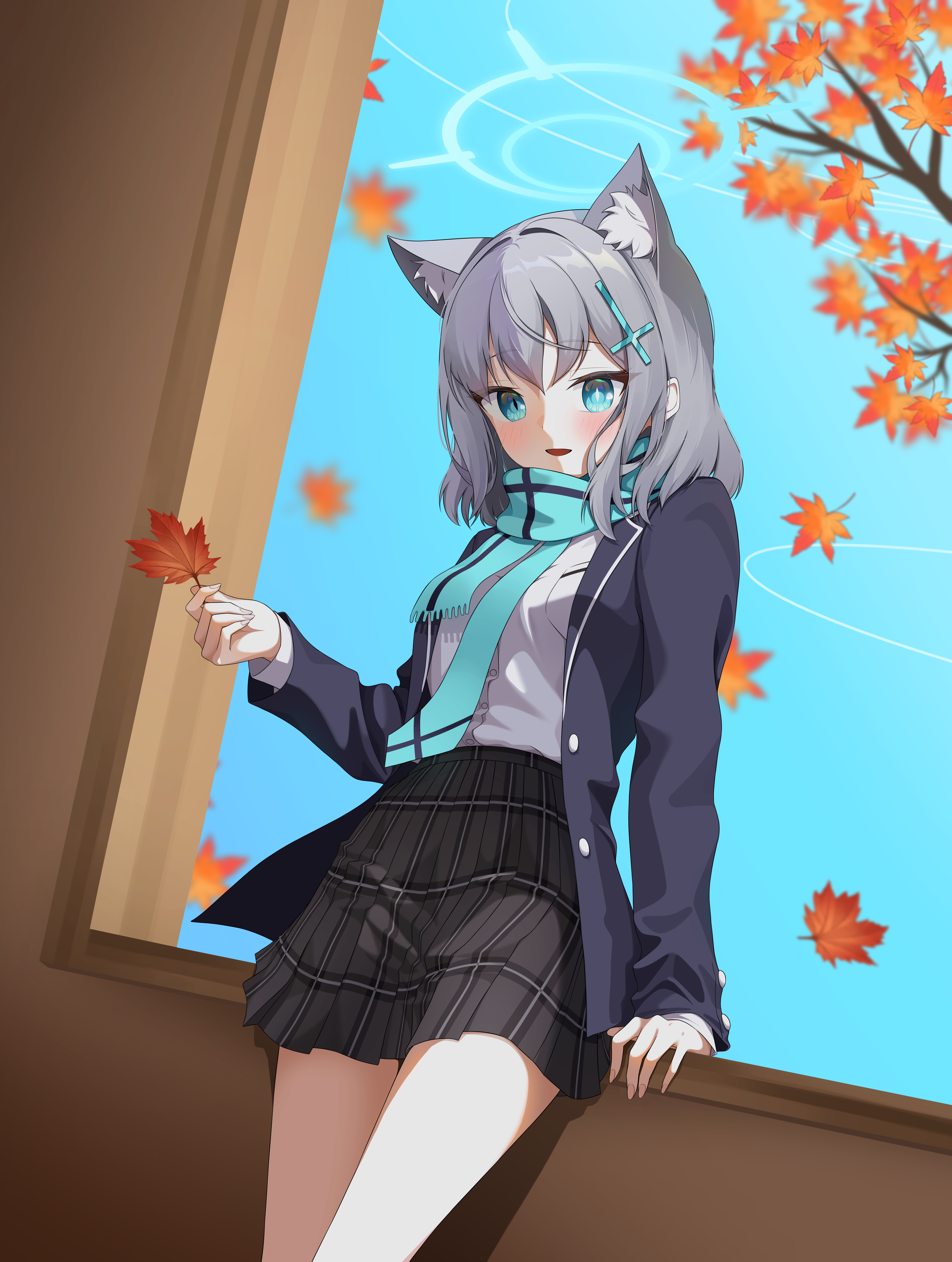nether nt, shiroko (blue archive), blue archive, 1girl, animal ear fluff, animal ears, autumn, black skirt, blue eyes, blue halo, blue jacket, blue scarf, blue sky, blush, breasts, cross hair ornament, hair ornament, halo, holding, holding leaf, jacket, leaf, leaning back, medium breasts, medium hair, mismatched pupils, open mouth, scarf, shirt, sidelocks, skirt, sky, smile, solo, white hair, white shirt, windowsill, wolf ears, wolf girl