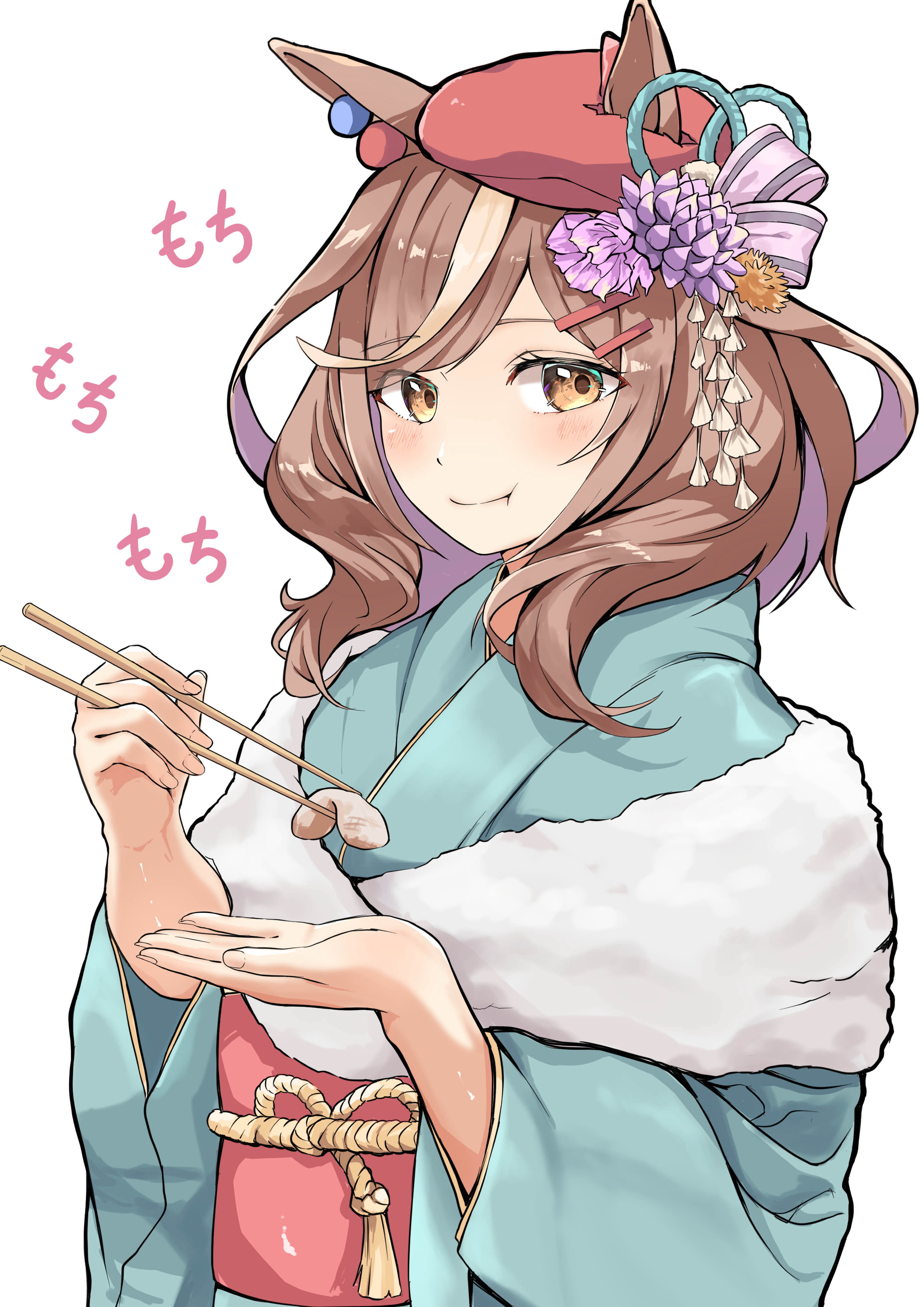 abi (253seki), matikanetannhauser (umamusume), umamusume, absurdres, commentary request, highres, 1girl, animal ears, blue kimono, blush, brown hair, chopsticks, closed mouth, ears through headwear, food, hair ornament, hairclip, hat, holding, holding chopsticks, horse ears, horse girl, japanese clothes, kimono, long sleeves, looking at viewer, medium hair, mochi, multicolored hair, obi, rope, sash, smile, solo, streaked hair, upper body, yellow eyes