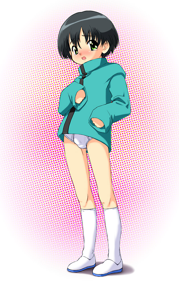 1boy, black hair, blush, briefs, bulge, embarrassed, green eyes, male focus, male underwear, no pants, open mouth, shota, solo, tears, underwear