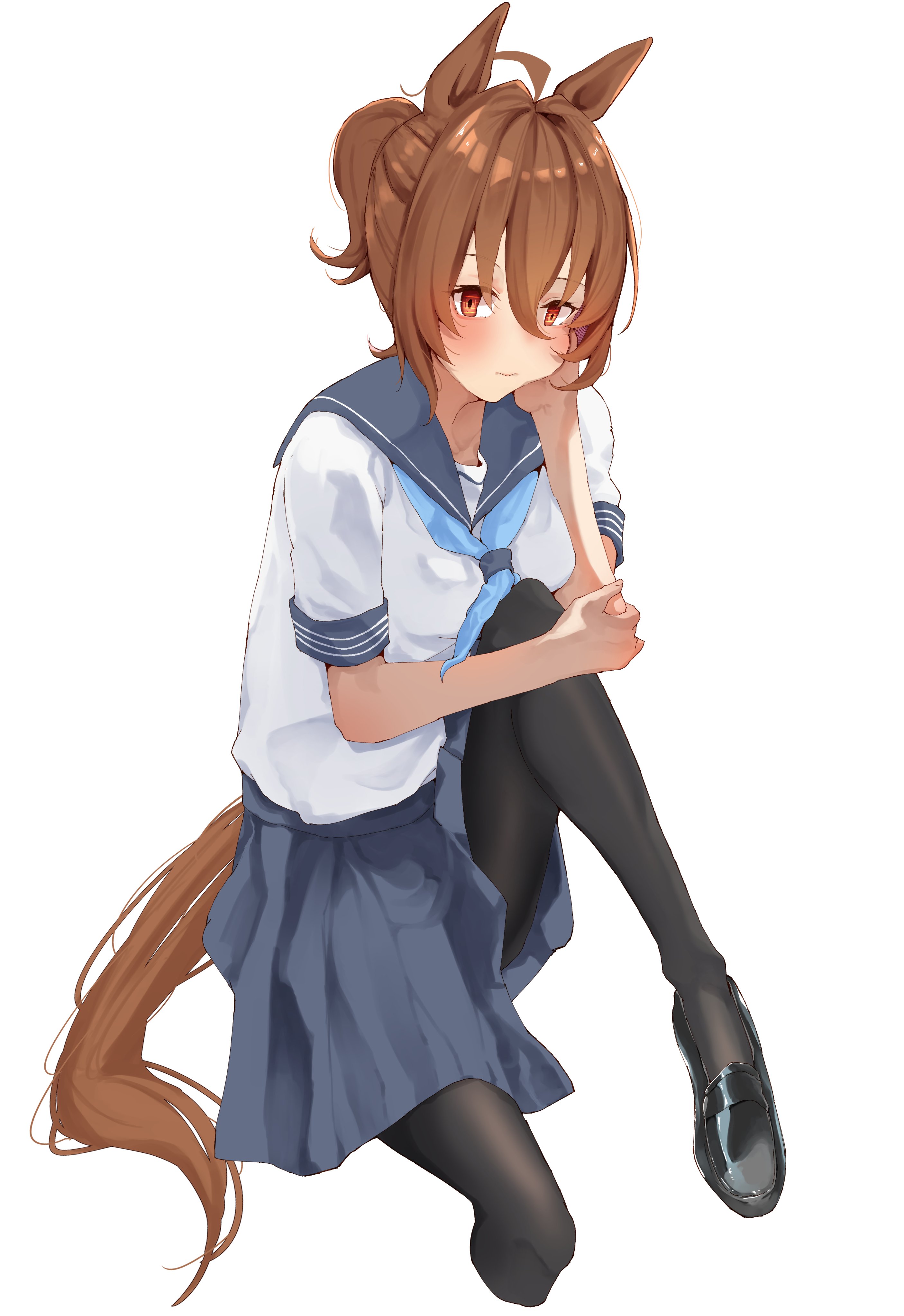 gorioshi0802, agnes tachyon (umamusume), umamusume, absurdres, highres, 1girl, ahoge, animal ears, black pantyhose, blue neckerchief, blue sailor collar, blue skirt, blush, brown hair, closed mouth, hair between eyes, horse ears, horse girl, horse tail, looking at viewer, neckerchief, pantyhose, ponytail, red eyes, sailor collar, school uniform, serafuku, shirt, shoes, short hair, short sleeves, simple background, skirt, solo, tail, white background, white shirt