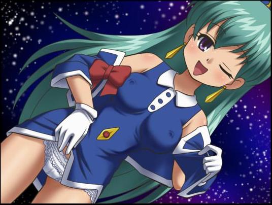 tenjouin katsura, yat anshin uchuu ryokou, tagme, 1990s (style), 1girl, blush, breasts, covered erect nipples, dress, female focus, flight attendant, gradient background, green hair, legs, long hair, miniskirt, one eye closed, panties, retro artstyle, short dress, skirt, smile, solo, travel attendant, underwear, upskirt, wink