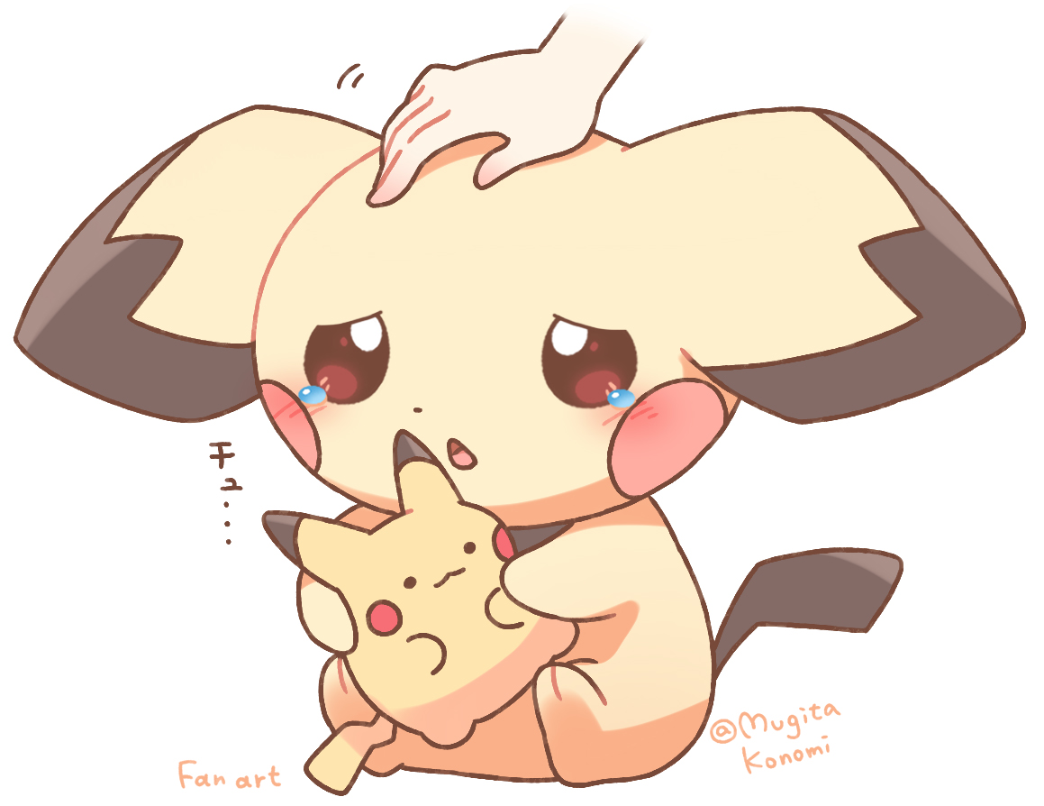 mugita konomi, pichu, nintendo, pokemon, commentary request, 1other, character doll, doll, gen 2 pokemon, headpat, holding, holding doll, open mouth, pokemon (creature), pokemon focus, solo focus, stuffed toy, tail, tearing up