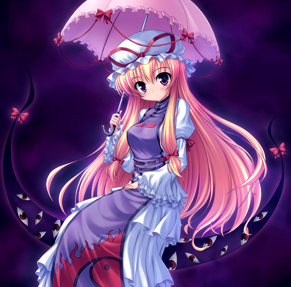 poni, takeponi, yakumo yukari, touhou, 1girl, blonde hair, female focus, gap (touhou), hat, long hair, purple eyes, solo, umbrella