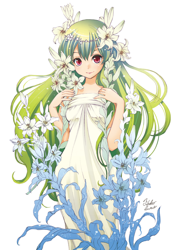 inoue takako, 1girl, dress, female focus, flower, green hair, hair ornament, long hair, nature, red eyes, smile, solo, very long hair, white background
