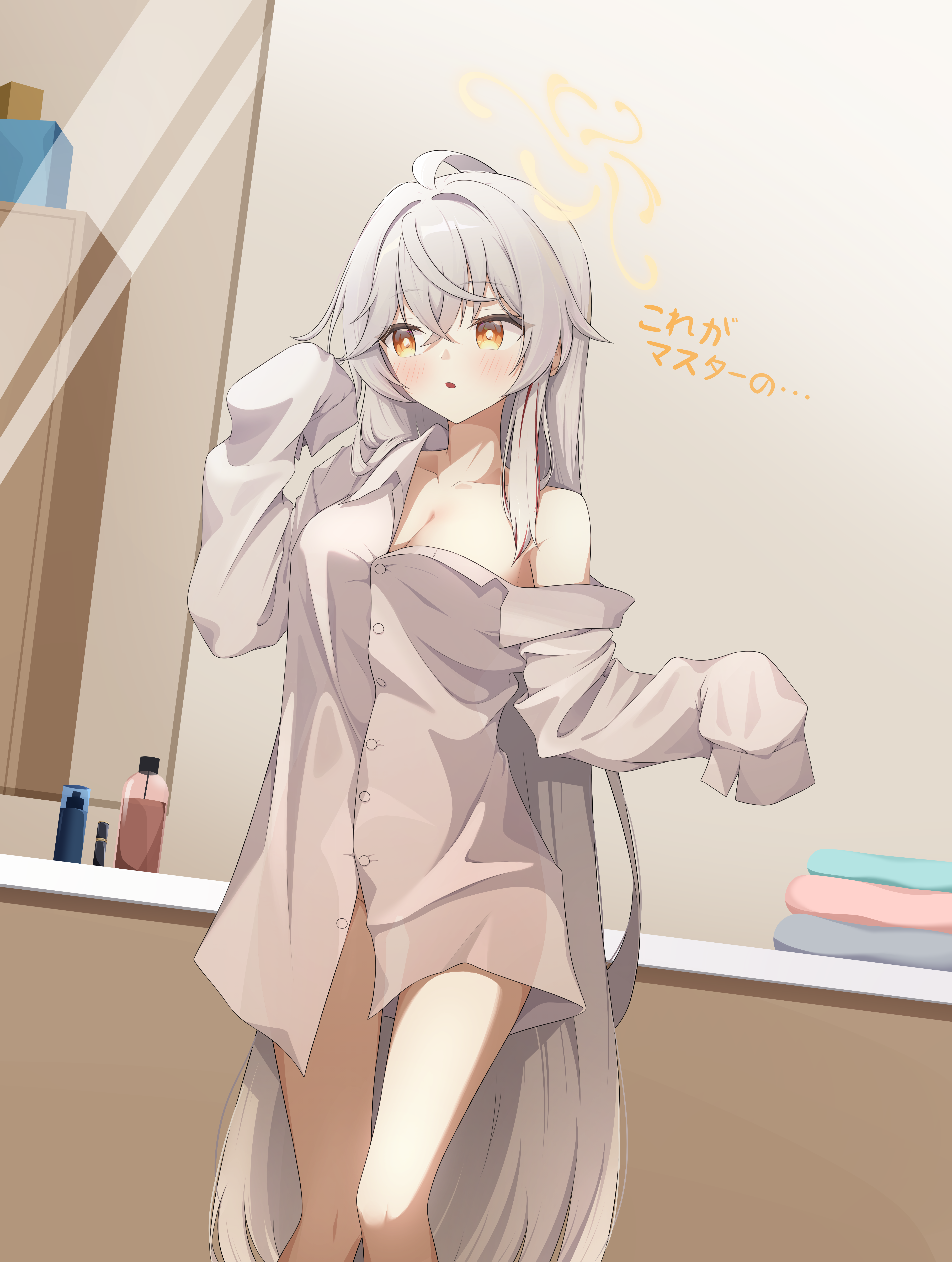 nether nt, eri (blue archive), blue archive, translation request, 1girl, ahoge, bare shoulders, bathroom, blush, breasts, cleavage, hair between eyes, halo, japanese text, knees together feet apart, large breasts, long hair, mirror, no panties, off-shoulder shirt, off shoulder, open mouth, oversized clothes, oversized shirt, shirt, sidelocks, solo, thighs, towel, very long hair, white hair, white shirt, yellow eyes, yellow halo