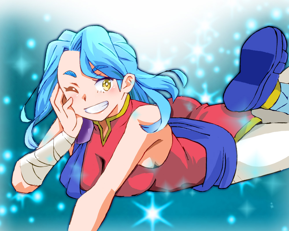 onnaski, valere, sea of stars, 1girl, ass, bandaged wrist, bandages, blue background, blue hair, blue shoes, blush, breasts, china dress, chinese clothes, dress, grin, head rest, large breasts, light particles, long hair, looking at viewer, lying, one eye closed, pants, red dress, shoes, sleeveless, sleeveless dress, smile, sparkle, sparkle background, teeth, white pants, wink, yellow eyes