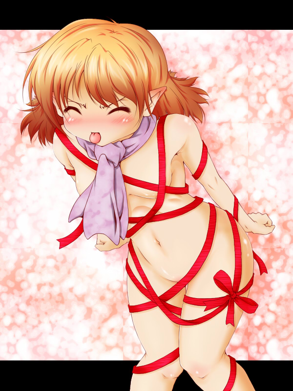 harushioto, haruyonoto, mizuhashi parsee, touhou, 1girl, :p, blonde hair, blush, closed eyes, female focus, flat chest, naked ribbon, naked scarf, navel, nude, pointy ears, ribbon, scarf, solo, thigh gap, tongue, tongue out