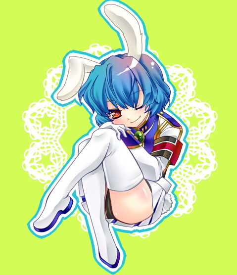 komo da, umineko no naku koro ni, bad id, bad pixiv id, animal ears, crossed legs, one eye closed, rabbit ears, sitting, solo, thighhighs, wink
