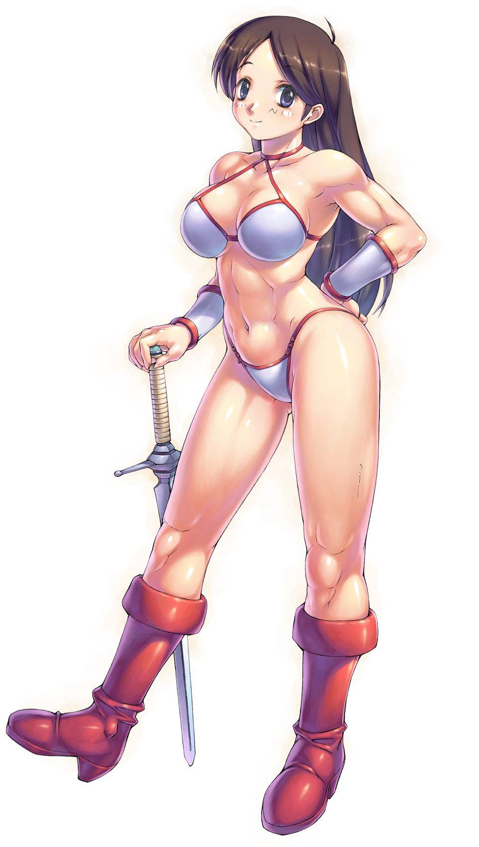 uchiu kazuma, tyris flare, golden axe, sega, highres, 1girl, abs, ahoge, armpits, bikini, boots, bracer, brown hair, choker, female focus, full body, game console, hand on own hip, holding, holding sword, holding weapon, long hair, muscular, muscular female, navel, parted bangs, sega mega drive, simple background, solo, swimsuit, sword, unknown voice actor, voice actor connection, weapon, white background