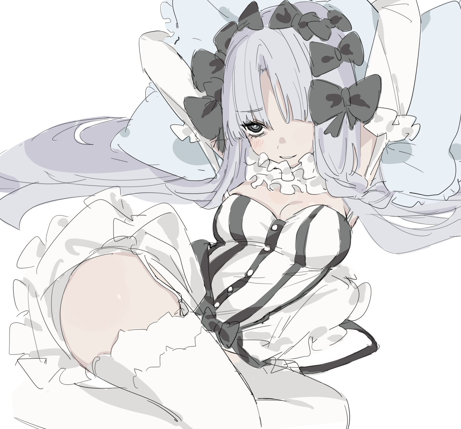 kaigan0211, francesca prelati (fate), fate/strange fake, fate (series), highres, 1girl, arms up, bare shoulders, black bow, black eyes, bow, braid, breasts, collar, detached sleeves, dress, frilled collar, frills, garter straps, grey hair, grin, hair bow, long hair, looking to the side, lying, medium breasts, parted bangs, ringed eyes, sidelocks, smile, solo, striped clothes, striped dress, thighhighs, thighs, very long hair, white dress, white thighhighs
