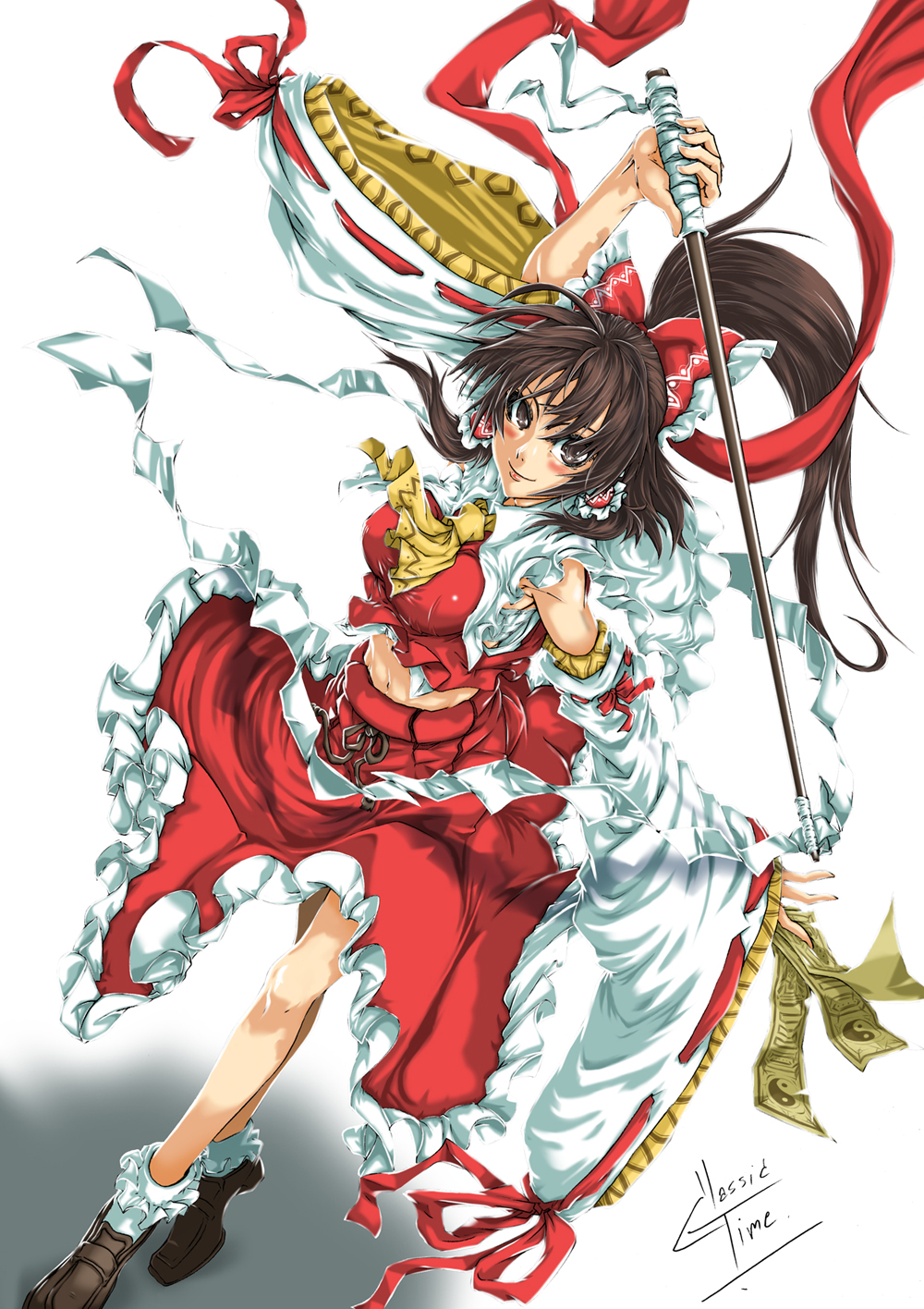 classictime, hakurei reimu, touhou, highres, 1girl, bobby socks, bow, brown hair, detached sleeves, dutch angle, embellished costume, female focus, frills, hair bow, hair tubes, japanese clothes, loafers, miko, shoes, short hair, signature, socks, solo, watermark