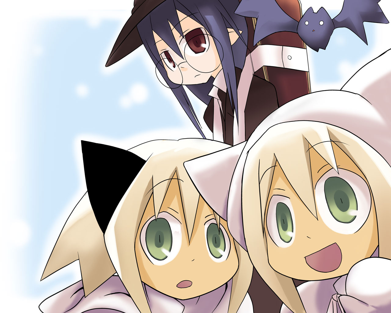 shirika, kuro (hitsugi katsugi no kuro), nijuku, sanju, sen (hitsugi katsugi no kuro), hitsugi katsugi no kuro, 3girls, animal ears, bat (animal), black hair, cat ears, glasses, green eyes, multiple girls